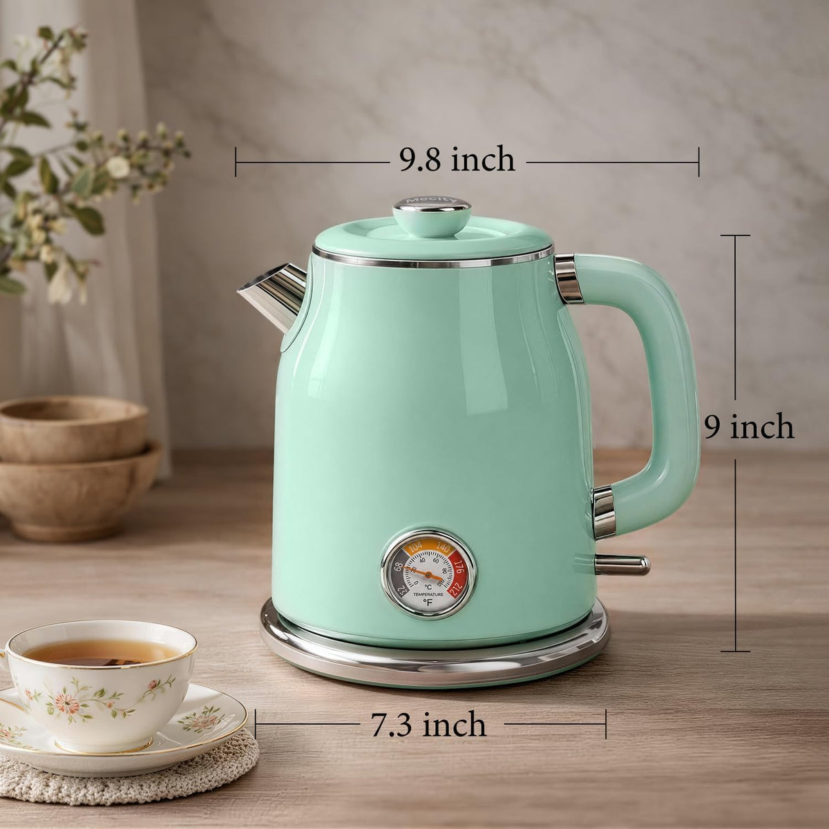 Mecity Retro Electric Kettle 1.7L, Stainless Steel Interior, Food-Grade Silicone Water Contact, Double Wall Cool Touch, 1500W Fast Boil, Thermometer (°F/°C), Wide Opening, Cream