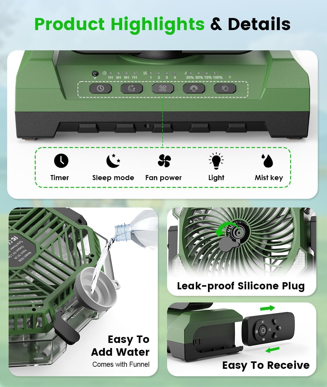Camping Misting Fan, 24000mAh Portable Battery Powered Fan with Mist, Light