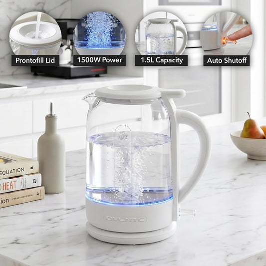 OVENTE 1.5L Glass Electric Kettle Water Boiler, White KG516W