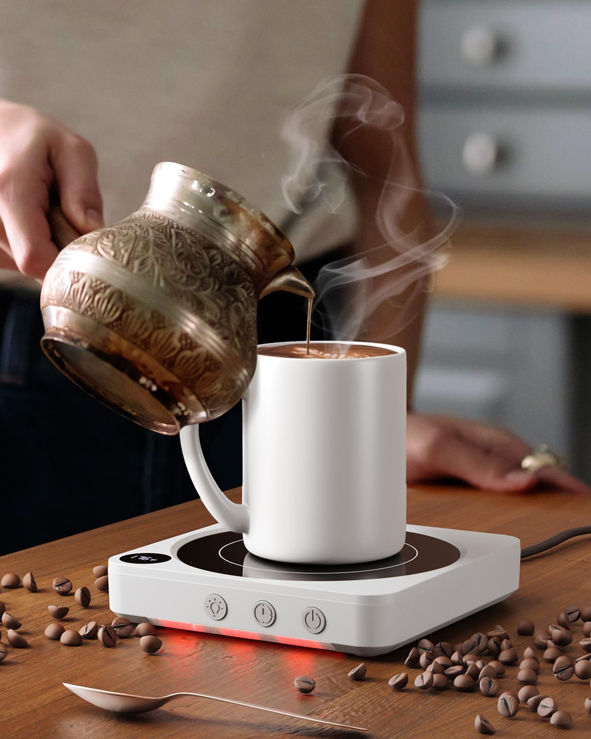 House Gem Coffee Mug Warmer for Desk, Candle Warmer Plate, 12H Timer, Wood