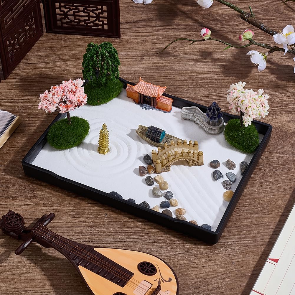 WEBEEDY Zen Garden Kit for Desk,Mini Japanese Desktop Sandbox Include Rakes,Artificial Tree,Pagoda,Bridge for Office Home Desktop Relaxation Decor,8.3x6.2/21x15.7cm Rectangular Tray