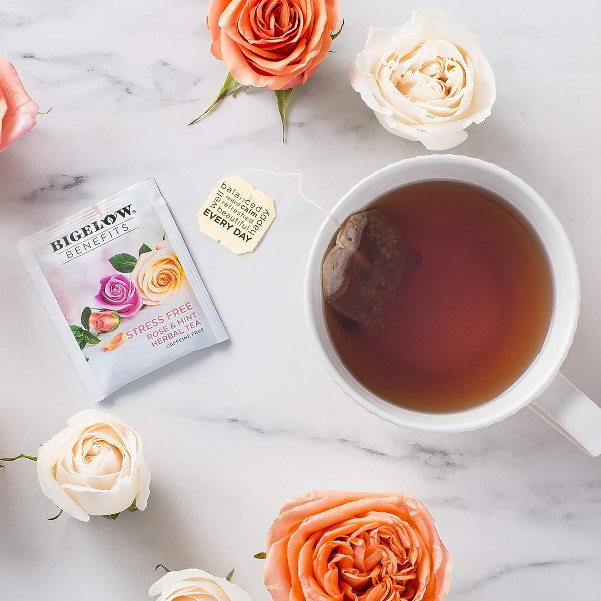 Bigelow Tea Benefits Stress Free Rose and Mint Herbal Tea, 18 Count