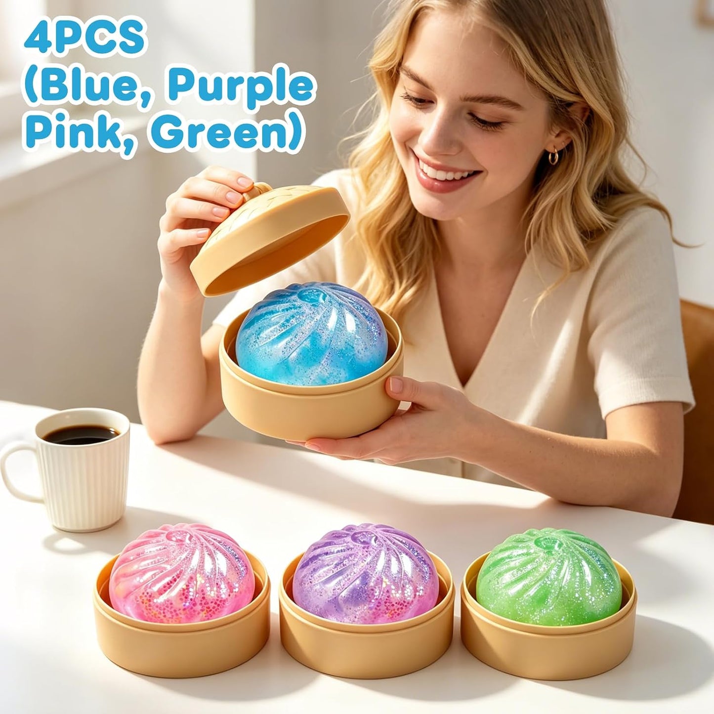 4Pcs Glitter Slow Rebound Stress Balls, Soft Squeeze Tactile Balls for Anxiety Relief, Portable Desk Decor & Gift for Adults