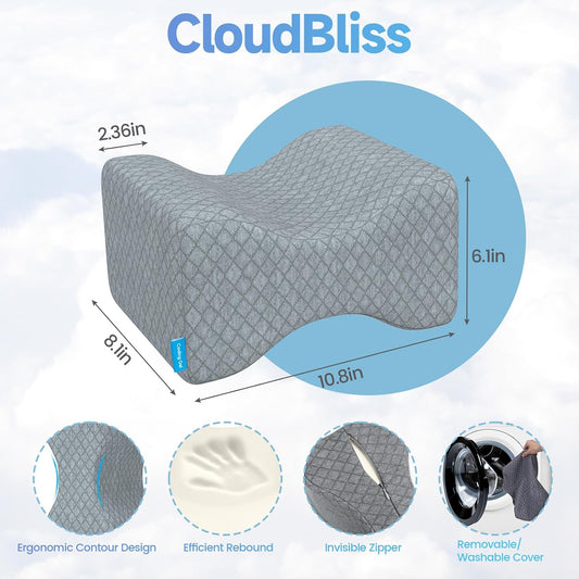 CloudBliss Knee Pillow for Side Sleepers-Cooling Leg Pillow for Side Sleeping, Memory Foam Knee Pillow for Hip Pain, Lower Back Pain, Sciatica Pain, Knee Wedge Pillow with Contour Design, White