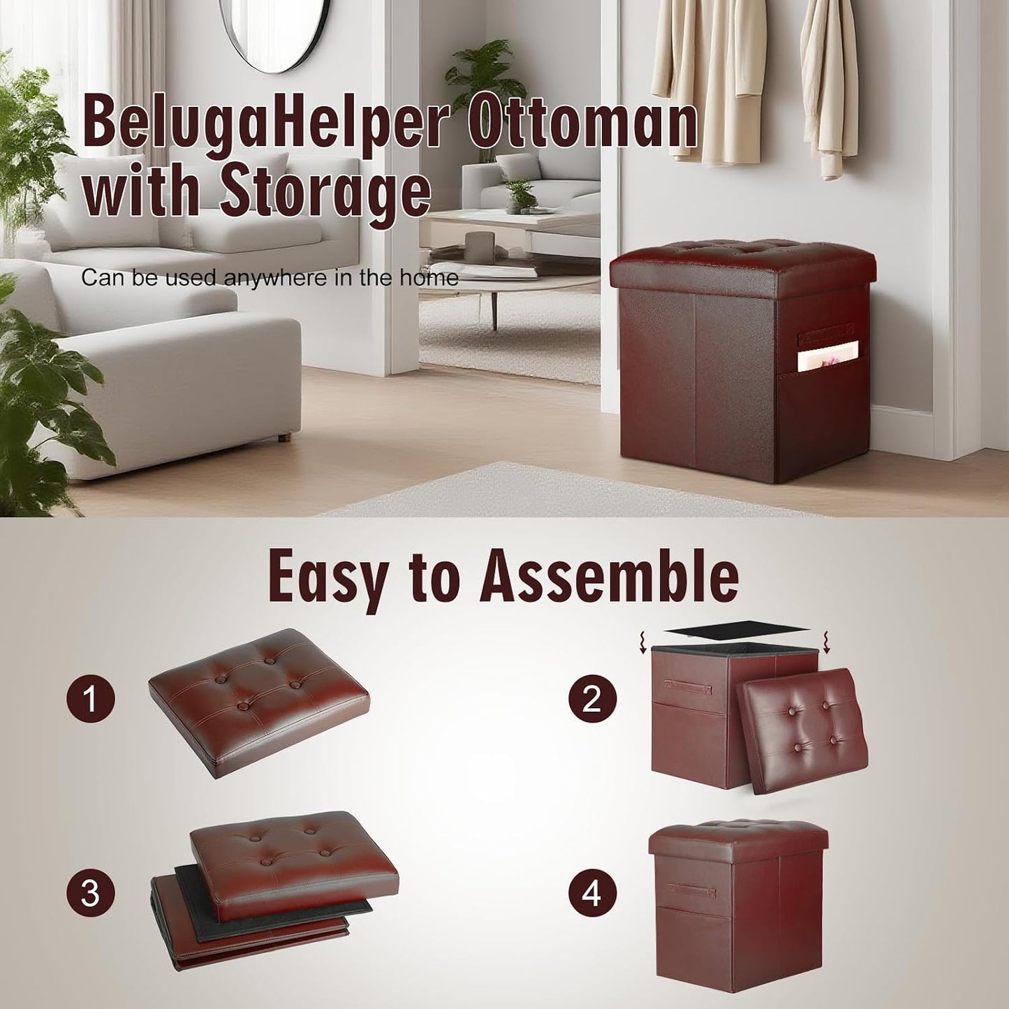 BelugaHelper Storage Ottoman Foot Rest Stool, Foldable Leather Footstool Storage Bench with Thicker Foam Padded Seat. Foot Rest Under Desk for Living Room Bedroom 350 lbs, 17x13x13 in, Brown