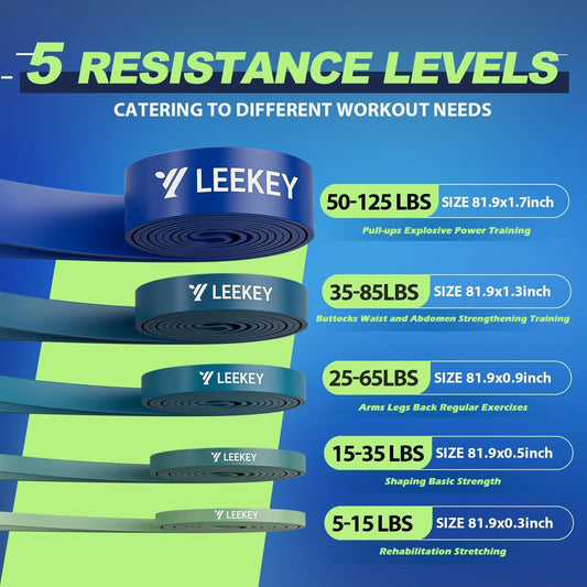 LEEKEY Pull Up Assistance Bands,5-125LB Resistance Bands with Grip、Door Anchor、Gym Bag - Exercise Bands for Full-Body Training, Fitness, Physical Therapy -USA Original Patent