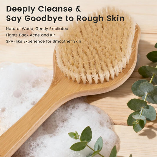 Back Scrubber for Shower,17in Bamboo with Curved Long Handle - Stiff Natural Boar Bristles for Men and Women, Deep Cleansing and Exfoliating, Anti-Slip Grip for Wet or Dry Brushing
