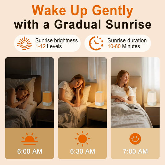 10-60 Mins Simulated Sunrise Alarm Clock: Gentle Wake Up Light with Adjustable Brightness, 32-Level Volume, Bright & Loud Enough for Dark Morning Bedroom - White Noise Machine with 30 Soothing Sounds