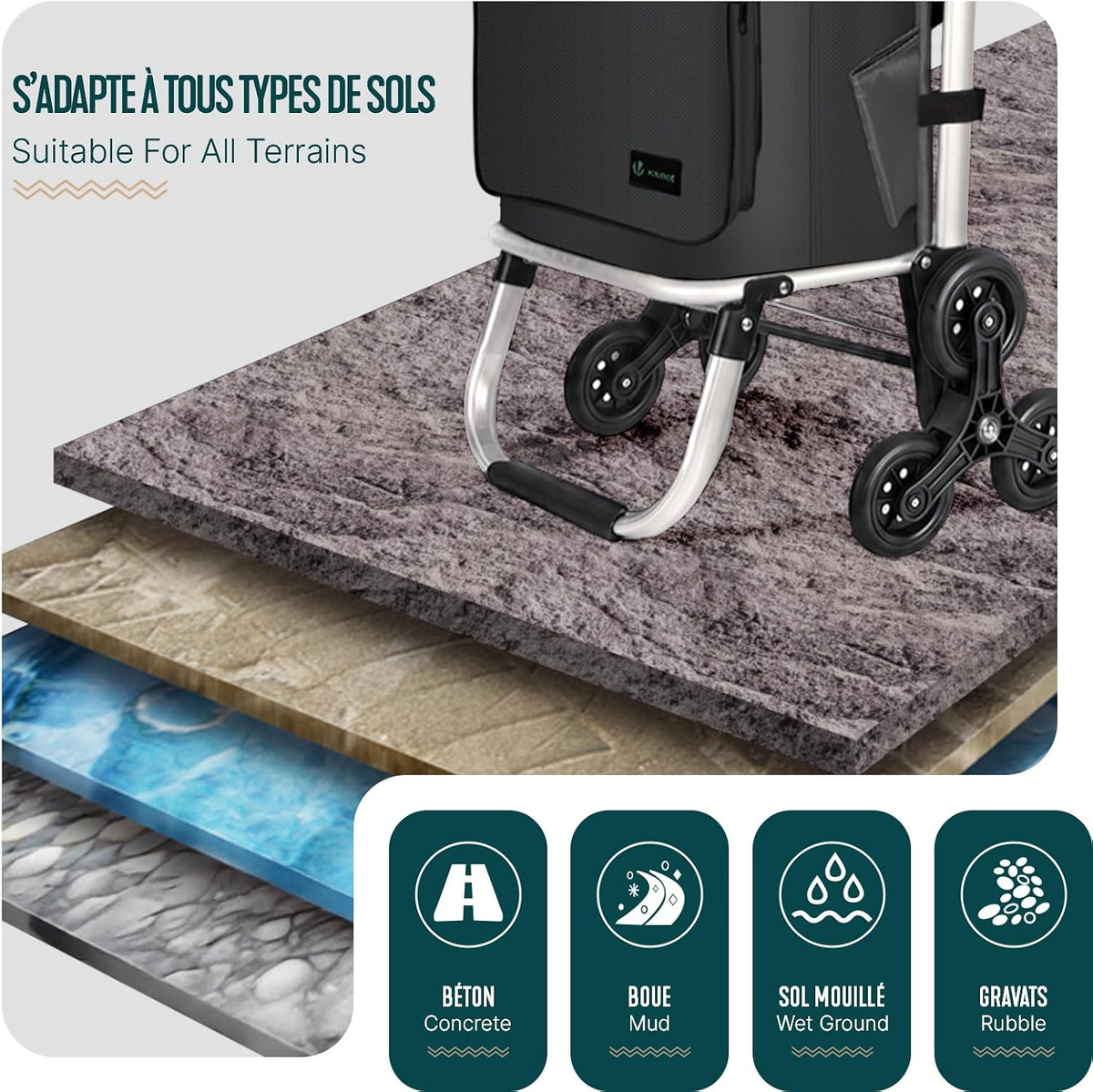 VOUNOT® Folding Shopping Trolley on 6 Wheels, Aluminium Lightweight Shopping Cart with Insulated Cooling Bag, 2 Hooks, 2 Side Pockets, Stair Climbing Grocery Trolley, 58L Grey
