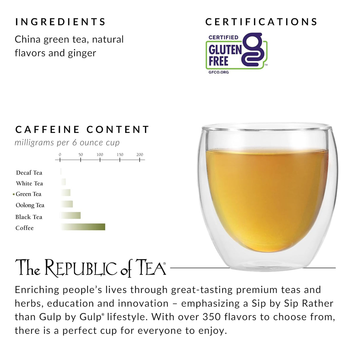 The Republic of Tea Daily Green Ginger Peach Green Tea, Low Caffeine, 50 Ct