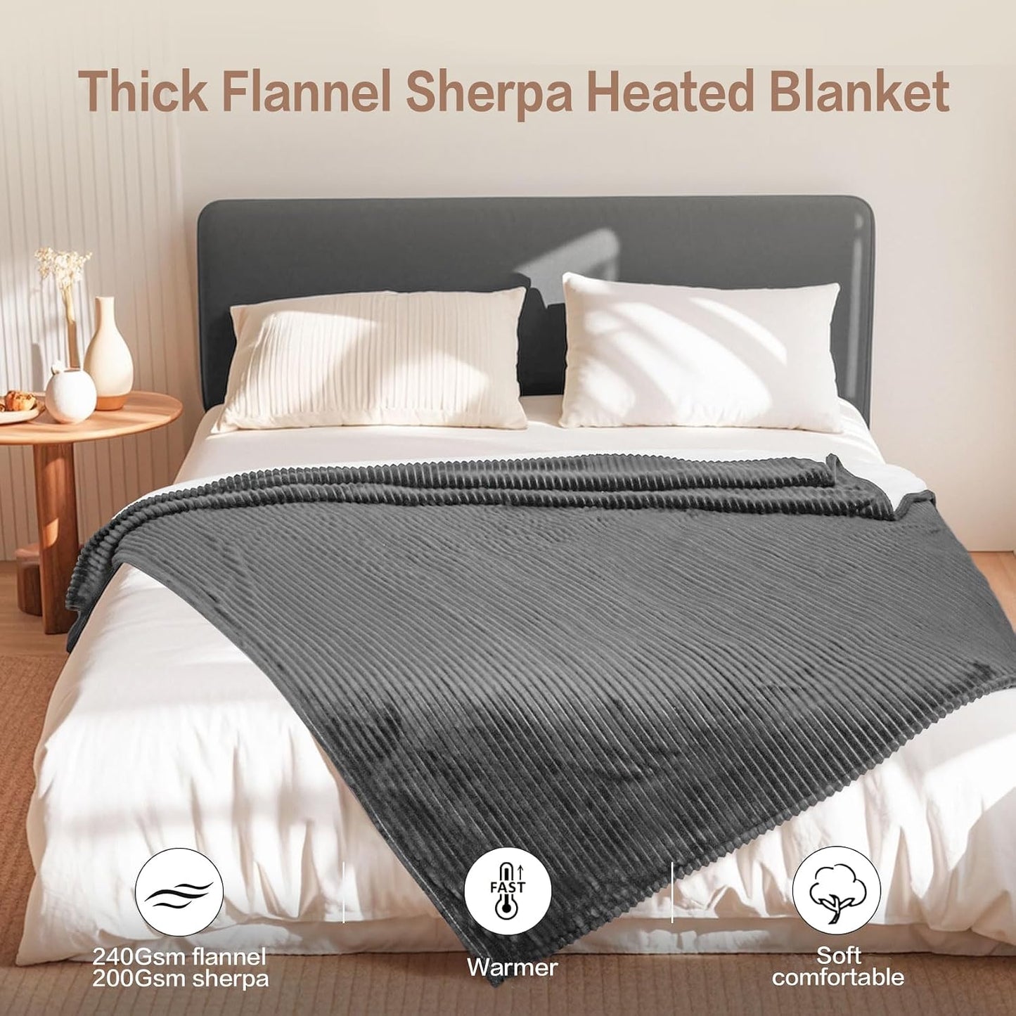 Tefici Heated Blanket Throw 50"x60", Ultra Soft 2-Layer Flannel Electric Blanket, for Home Office Sofa,3 Heat Settings, 4H Auto Off, ETL FCC Certified, Overheat Protection, Machine Washable, Camel
