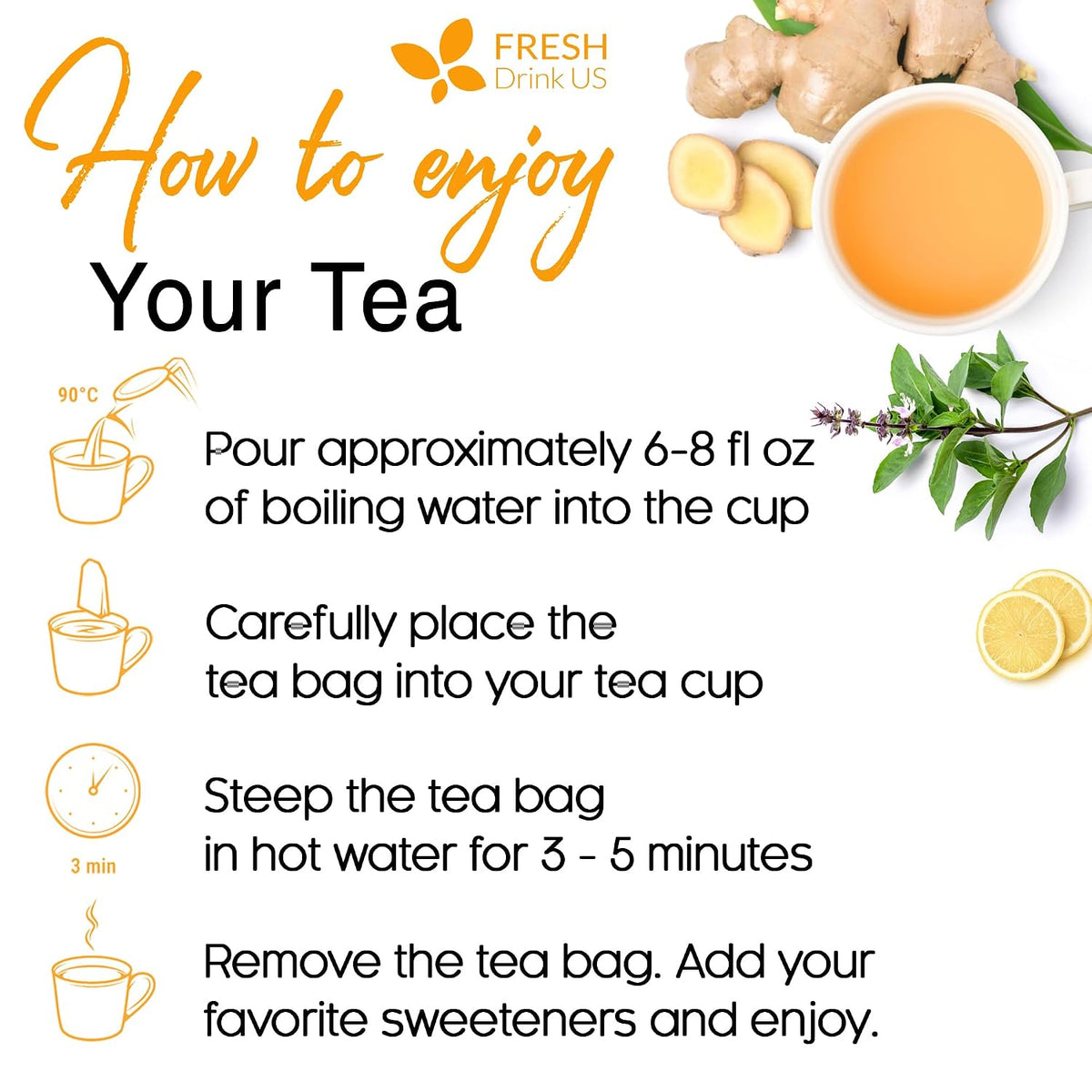 FreshDrinkUS, Premium 75 Tulsi Lemon Ginger Tea Bags, 100% Natural & Pure from Tulsi Holy Basil Leaves, Lemon and Ginger. Made with Natural Material Tea Bags. No Sugar, No Caffeine, Vegan.