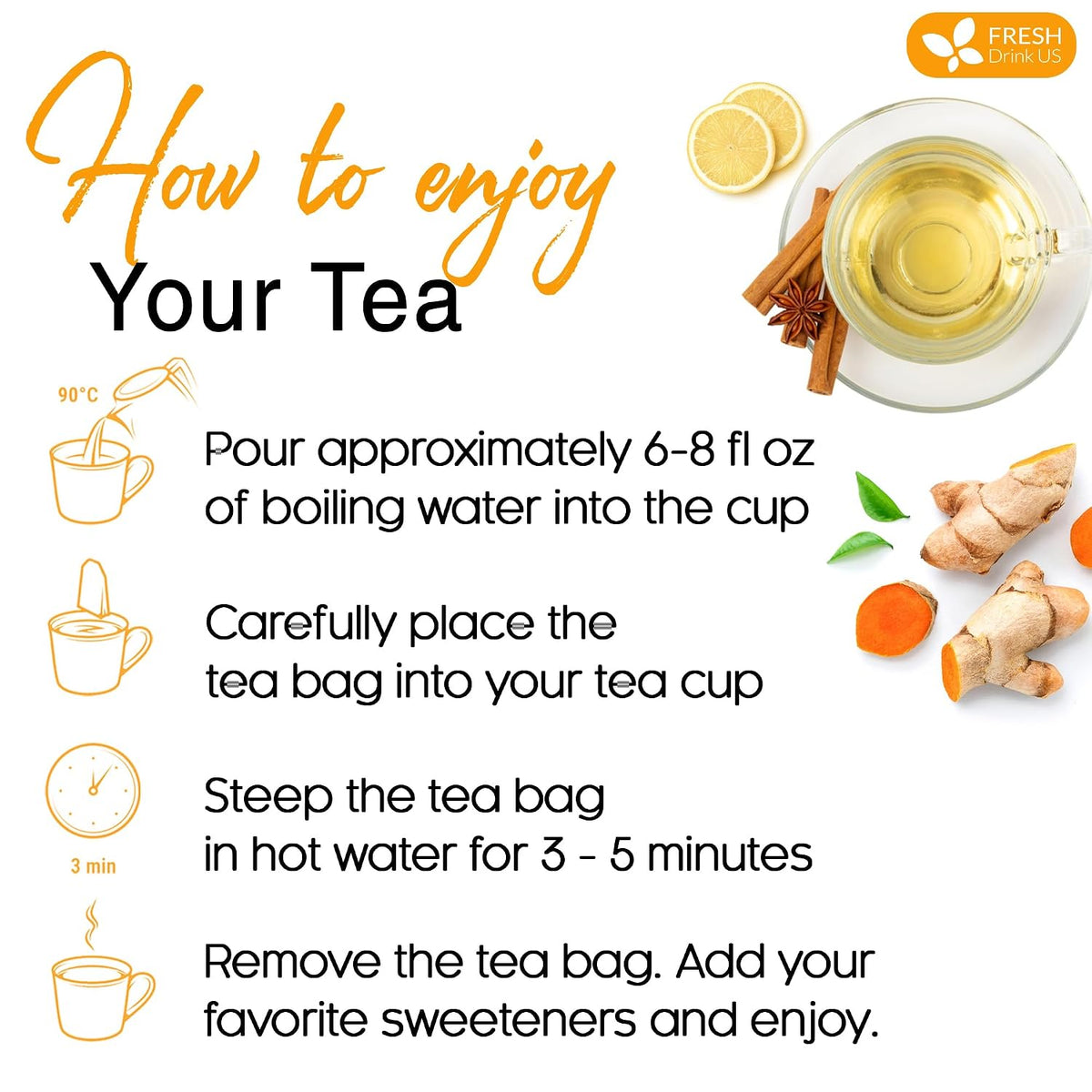 FreshDrinkUS, Premium Turmeric Cinnamon Tea - 75 Bags, 100% Natural, Blend of Turmeric, and Cinnamon. Made with Eco-Conscious Tea Bags. No Sugar. No Caffeine. Vegan.