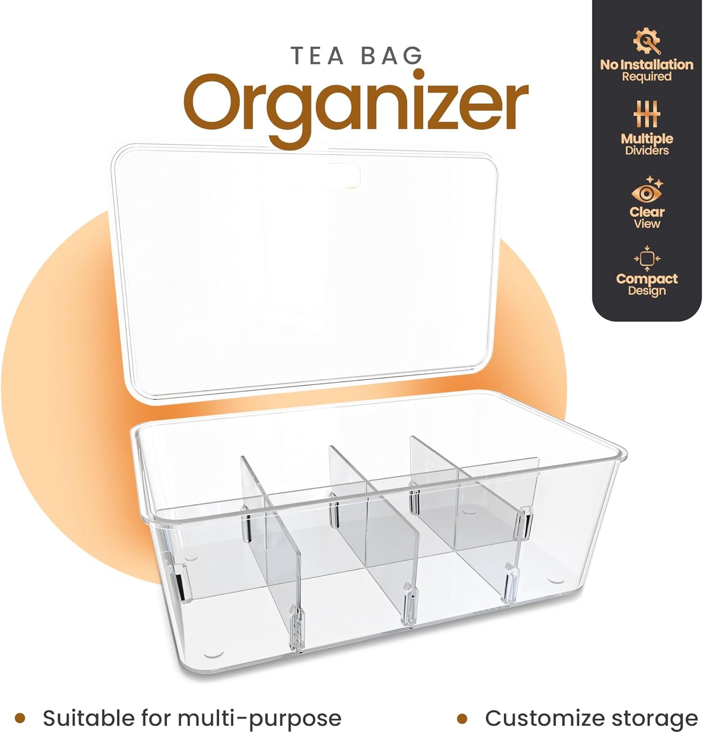 Utopia Home Tea Bag Organizer with Lids, Stackable Tea Box, 1 Pack, Clear