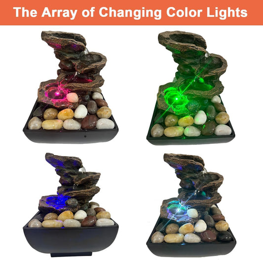 4 Level Small Waterfall Fountain, Indoor Tabletop Fountain with LED Color Lighting, Relaxing Water Feature Meditation Fountain for Home Office Bedroom Decoration (A)