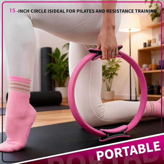 10 Pcs Pilates Ring Set, 15" Pilates Circle Ring with Extra Thick Padded Handles, Pilates Equipment for Home or Travel, Workout Equipment for Women for Inner Thigh & Core, Upper Body Workout Equipment