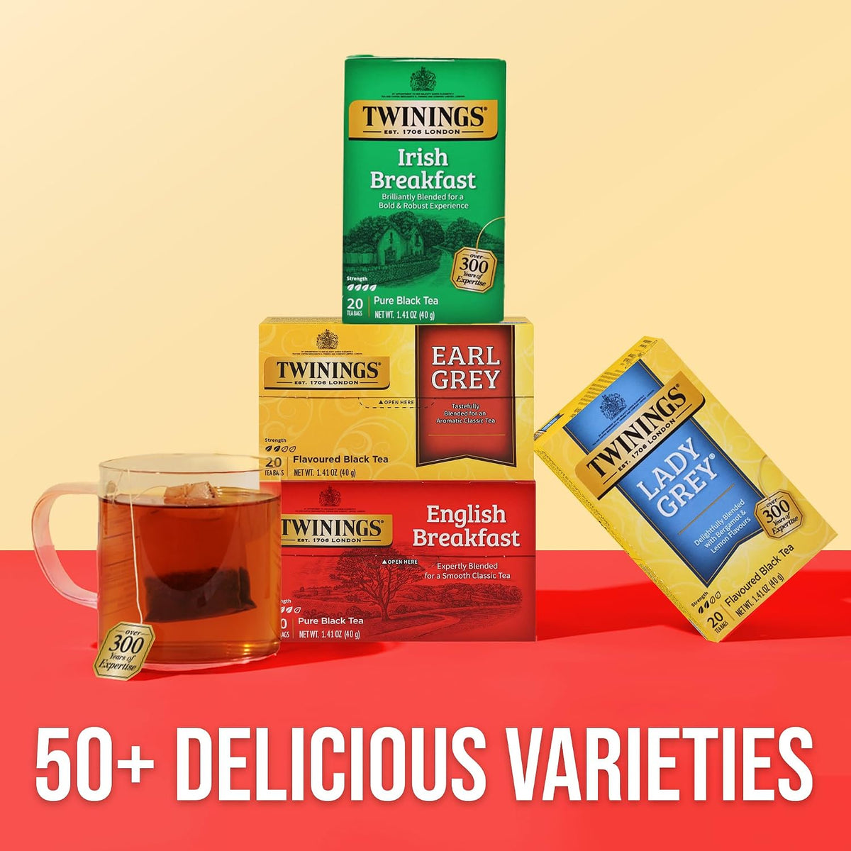 Twinings Variety Pack Black Tea Bags, 20 Count (Pack of 4), Includes English Breakfast, Earl Grey, Irish Breakfast, and Lady Grey, Caffeinated, Enjoy Hot or Iced, 80 Teabags