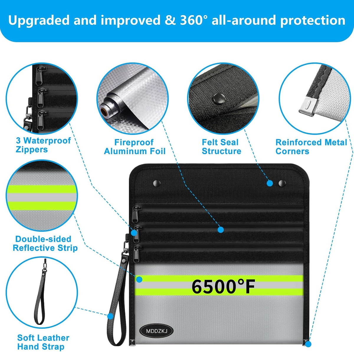 6500℉ Upgraded Fireproof Cash Bag (11.2x7.7 inch) with 2 Pockets,Small Fireproof Safe with 2 Zipper,Storage Cash,Legal Documents Safe,10 Layers of Heat Insulated Materials(2 Pack)