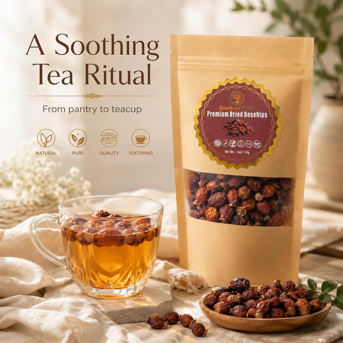 Cure wid Pure Dried Rose Hips 4oz RoseHip Tea Rich in Vitamin C