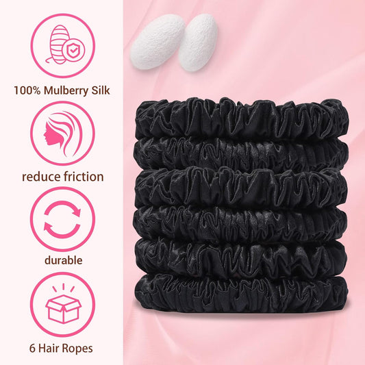 22 Momme 6PCS 100% Mulberry Silk Hair Ties Small Silk Scrunchies for Women Girls Curly Thick Thin Hair .Women's Black Cute Satin Sleepy Bulk Hair Tie Scrunchie Sleep