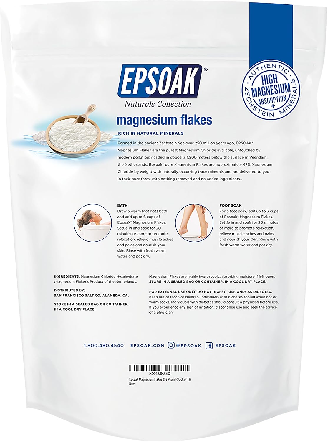 Epsoak Magnesium Flakes 4 lb. Magnesium Sulfate USP. Resealable Epsom Salt Bag Unscented, Made in The USA, Cruelty-Free Certified