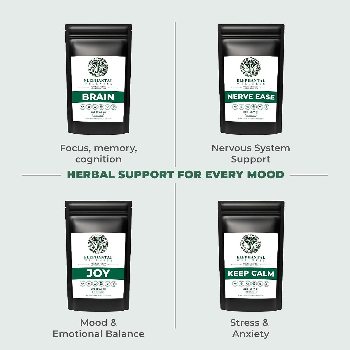 Elephantal Wellness Premium Brain Herbal Tea | Nootropic Focus & Mental Clarity with Ginkgo, Bacopa, Gotu Kola & Rosemary | Non-GMO, Caffeine-Free Coffee Alternative, Handmade Loose Leaf Blend, 2oz Loose Leaf, 20 Servings
