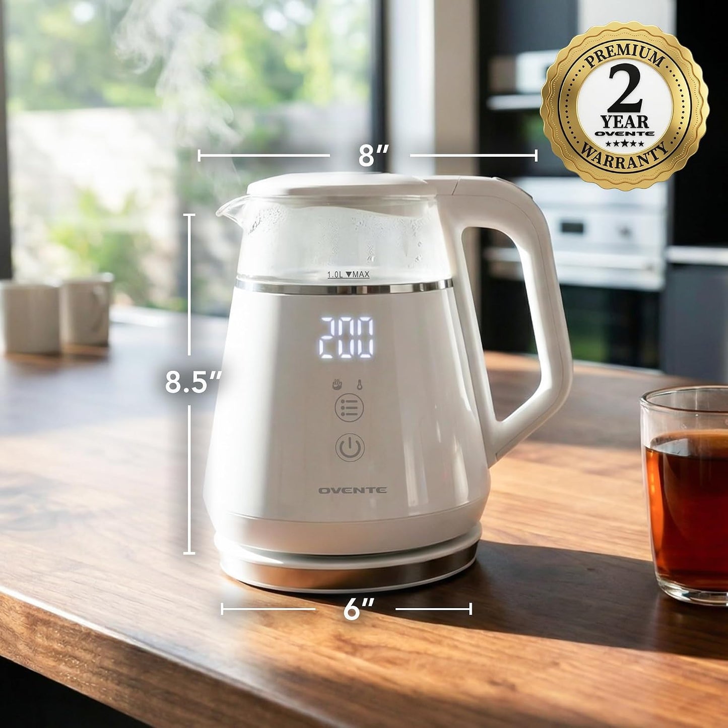 OVENTE 1L Small Electric Kettle with 5 Temperature Preset, Digital Display, 5Hr Keep Warm, Auto Shut-Off, Double-Wall Cool Touch Exterior, Borosilicate Glass,1500W BPA Free Water Boiler, Black KD95B