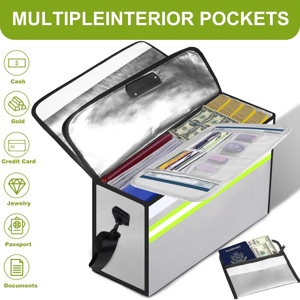 6500°F Fireproof Document Bag with Lock-Fireproof Box with 10 Layers Insulation Materials&Waterproof Zipper,Removable Wallet,Reflective Strip for Cash,Documents,Jewelry(14.2”x 9.6”x 4.1”)