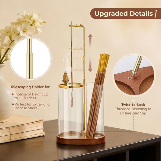 3 in 1 Incense Holder for Sticks Upside Down Anti-Ash Incense Burner with Glass Ash Catcher Backflow Cone Incense Diffuser with Adjustable Threaded Mounting for Mediation Yoga Spa Gifts Home Decor