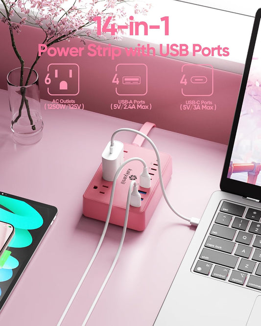 Kakyanill 8 USB Pink Power Strip with 6 AC(4 USB-C), 5 FT Extension Cord