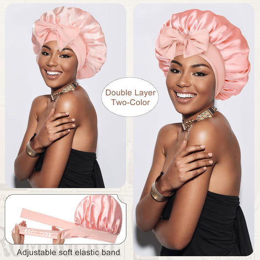 Satin Bonnet for Sleeping Cap Double Layer Hair Bonnet with Elastic Tie Band for Curly Hair Night Cap (Bean Paste + Pink)