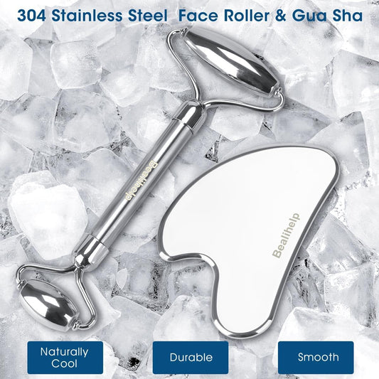 Bealihelp Face Roller and Gua Sha, Stainless Steel Facial Roller and Guasha Tool for Face, Skin Care Roller for Wrinkles and Lifting, Improve Puffiness, Metal Face Massager for Eyes, Neck Tighten