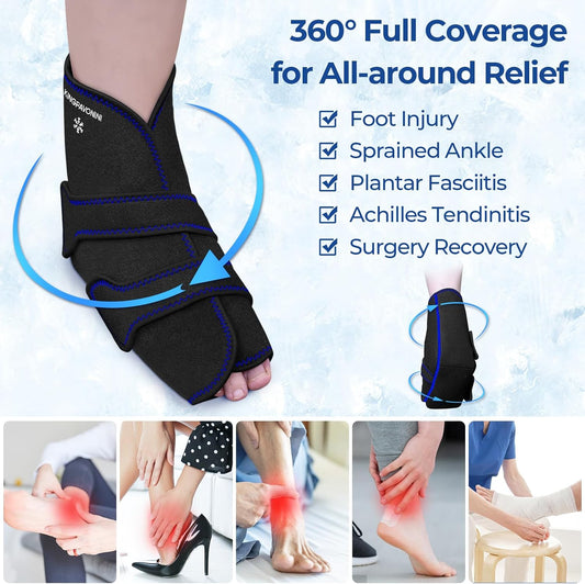 KingPavonini Ankle Foot Ice Pack Wrap for Sprained Ankle/Surgery Recovery, Reusable Gel Ice Packs for Feet Injuries, Plantar Fasciitis, Achilles Tendonitis, Hot/Cold Therapy, XL (1 Wrap+4 Gel Packs)