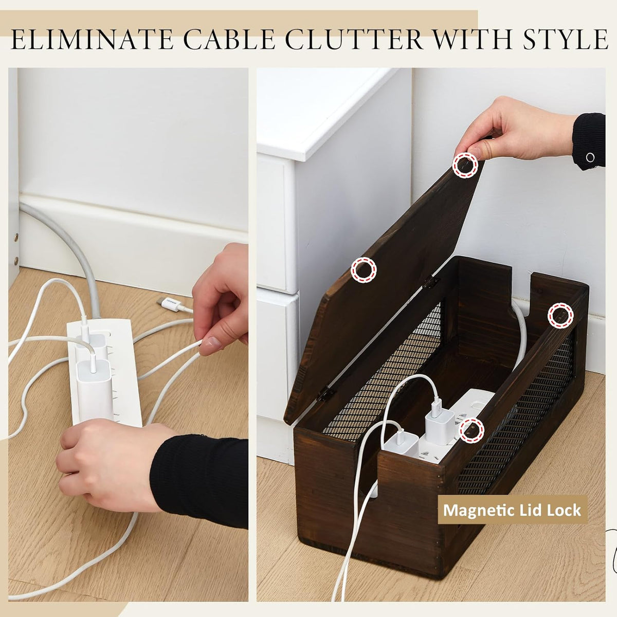 Chunful 13 Inch Cable Management Box, Wood Cord Hider Organizer with Magnetic Lid & Organizer for Power Strip, TV Wires & Desk Cable Storage, Ventilation Hide Floor Cables