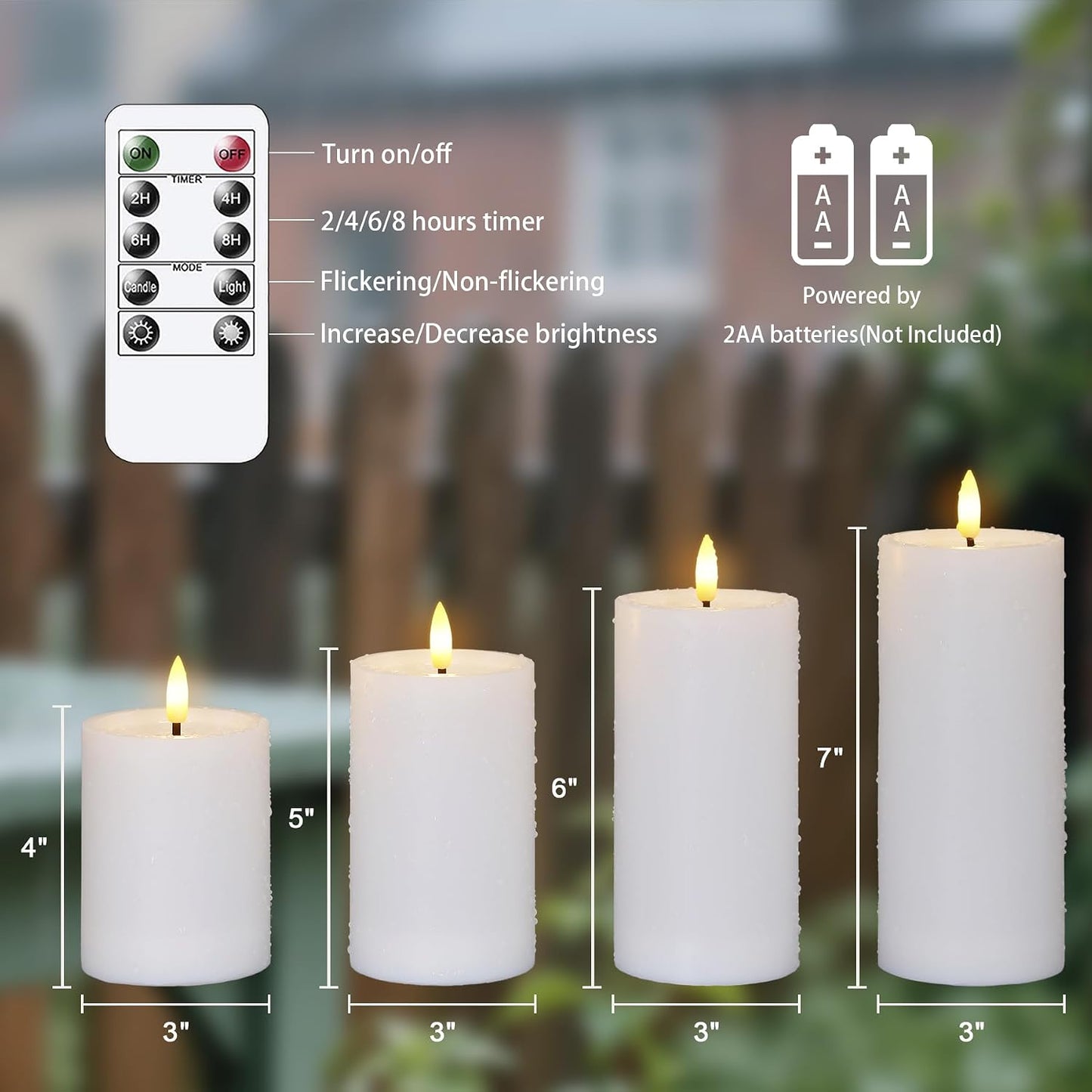 Yeelida Outdoor 4pcs Flameless Waterproof Candles with Handy Remote Control, Cycle Timer Battery Operated Candle Grease Effect LED Flickering Pillar Plastic Long Lasting (Ivory, 3" x4" 5" 6" 7")