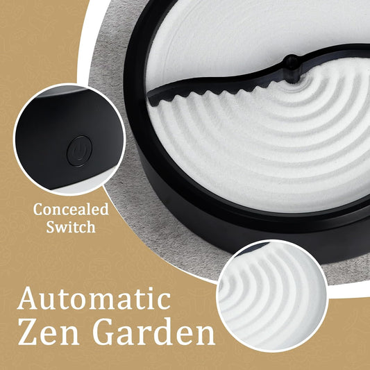 Automatic Zen Sand Garden for Desk, Mini Zen Garden Decor for Office Desk with White Mineral Black Base,Home Meditation for Relaxation, Sand Tray Therapy, Minimalist Plate Accessories 8in