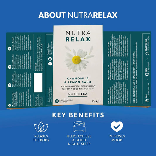 NUTRARELAX - Sleep and Calming Tea – Helps with Relaxation and Sleep – Includes Chamomile, Lemon Balm and Passionflower - 20 Enveloped Tea Bags - by Nutra Tea - Herbal Tea