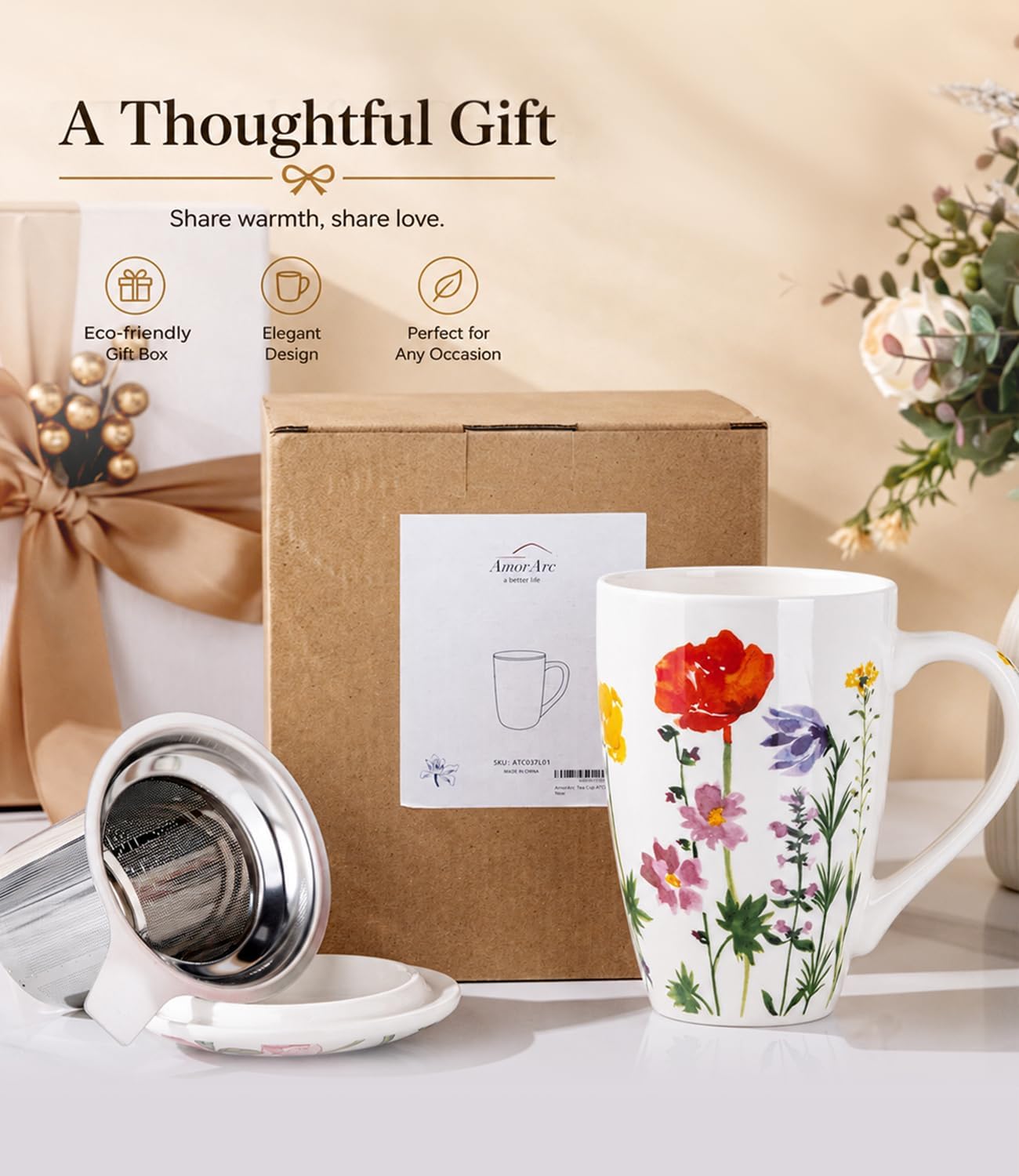 AmorArc 18oz Porcelain Tea Mug with Infuser & Lid, Loose Leaf Tea Cup with Stainless Steel Strainer, Large Coffee Mug Gift for Women, Tea Lovers, Home & Office