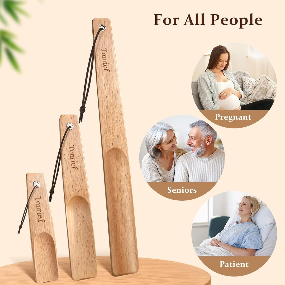 Wooden Shoe Horns Long Handle, Solid Wood Bend Resistant, 3Pack