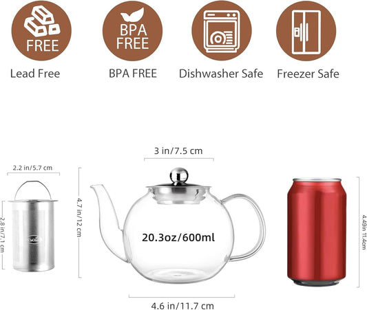 CNGLASS 900ml Glass Teapot with Removable Infuser,Clear Tea Kettle Stovetop Safe,Blooming and Loose Leaf Tea Maker