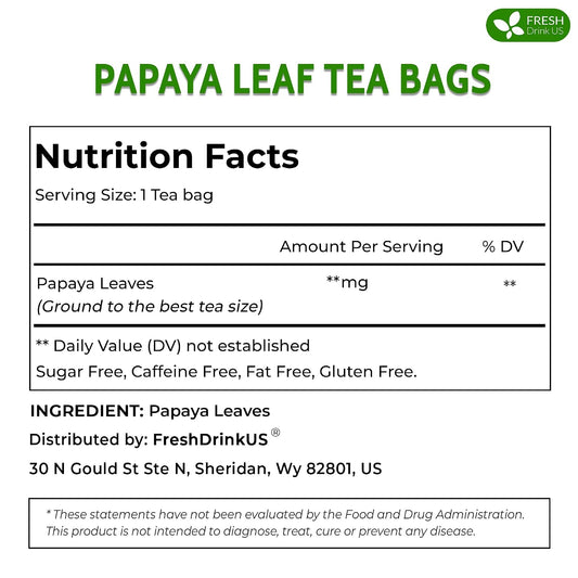 FreshDrinkUS, Premium 40 Papaya Leaf Tea Bags, 100% Natural & Pure from Papaya Leaves. Loose Leaf Herbal Tea. Made with Natural Material Tea Bags. No Sugar, No Caffeine, No Gluten, Vegan.
