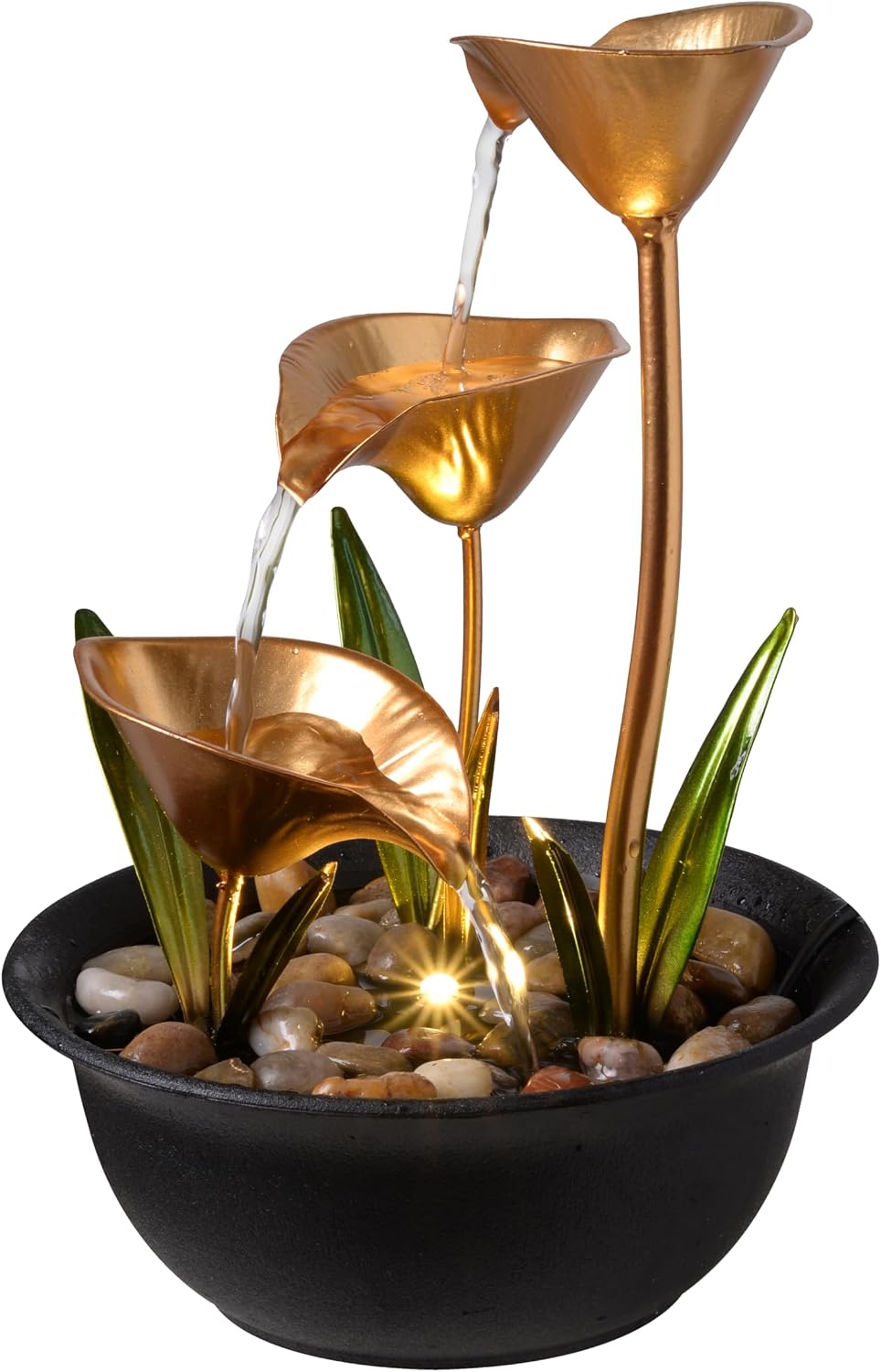 Tabletop Water Fountain Indoor, 10.6" Tiered Bowl Desktop Fountain with LED Light, Modern Zen Metal Waterfall Fountain for Office Desk, Home Office, Bedroom & Living Room Decor, Gold