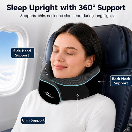 Travel Pillow Neck Pillow for Airplane Travel Essentials - Memory Foam Travel Neck Pillow, Stops Head Bobbing With Eye Mask & Earplugs, Portable Carry Bag for Long Flights| Airplane Accessories Black