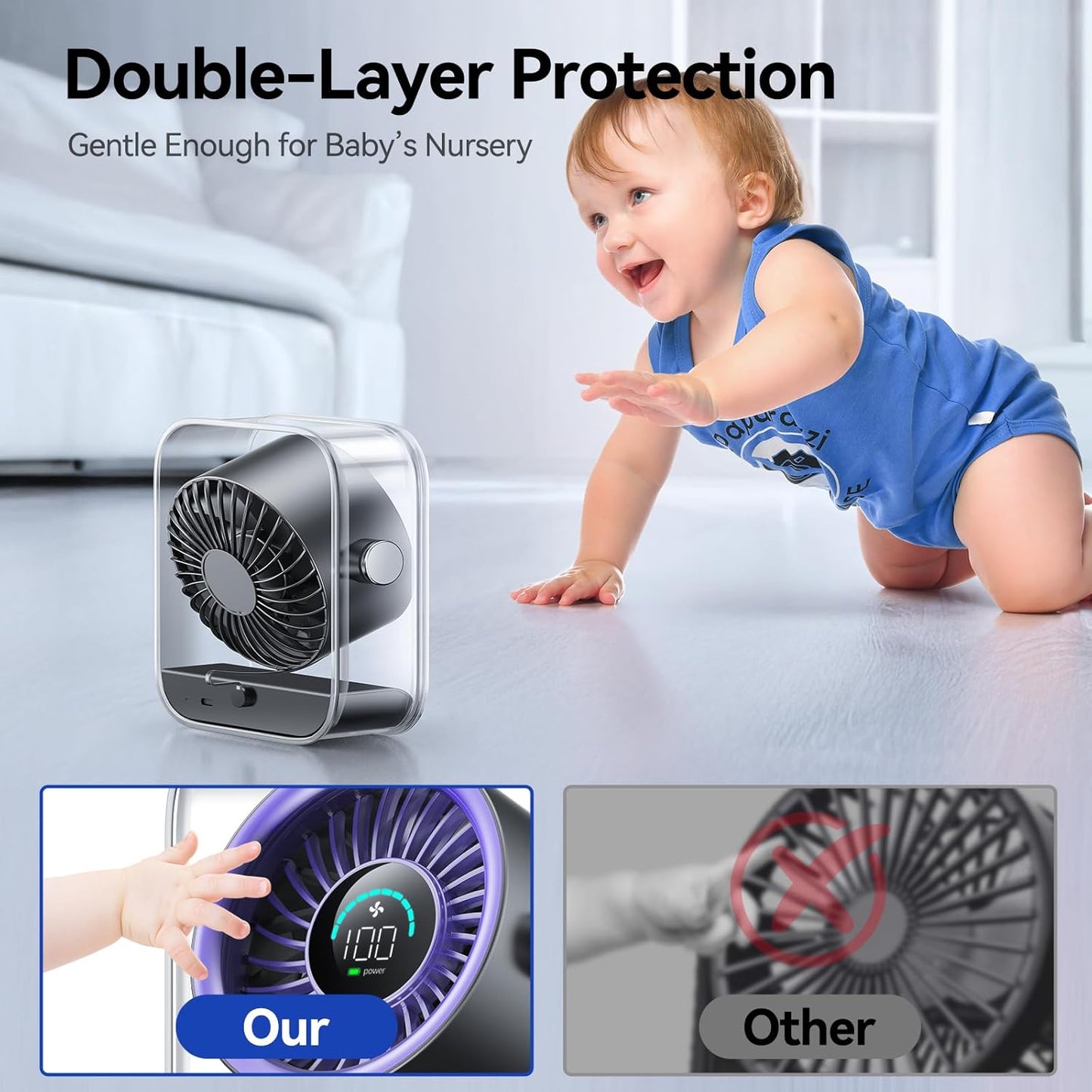 KIMMOO Rechargeable USB Desk Fan, Quiet Table Fan with Turbo Airflow, 100 Speeds, Digital Display, 90° Rotating, Small Battery Desktop Fans for Bedroom Home Office Travel, Black