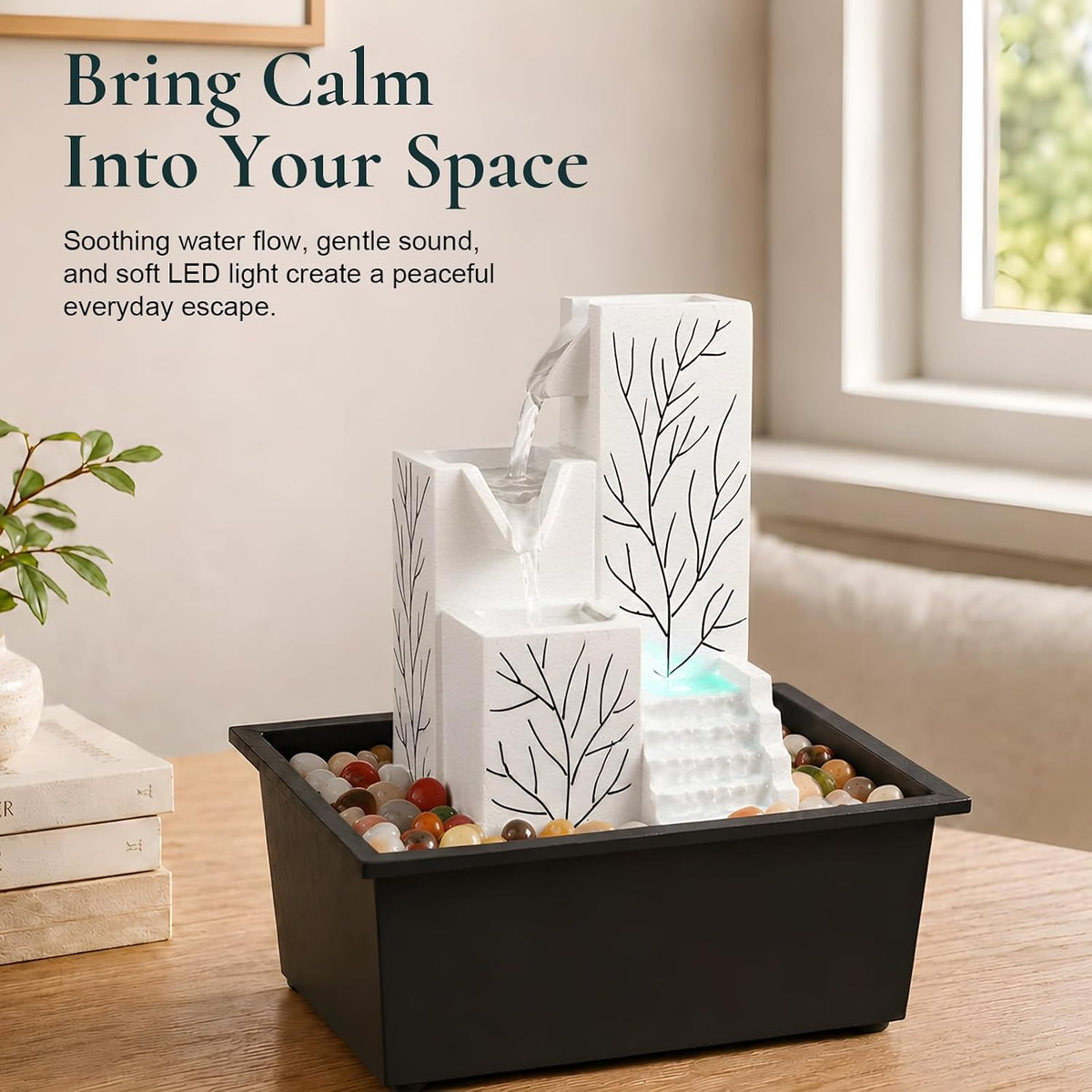 Tabletop Water Fountain Indoor, Soothing Stress Relief White Noise Waterfall Fountain, Relaxing Water Feature Home Decor, Ideal for Home Office Zen Meditation Room & Gifting