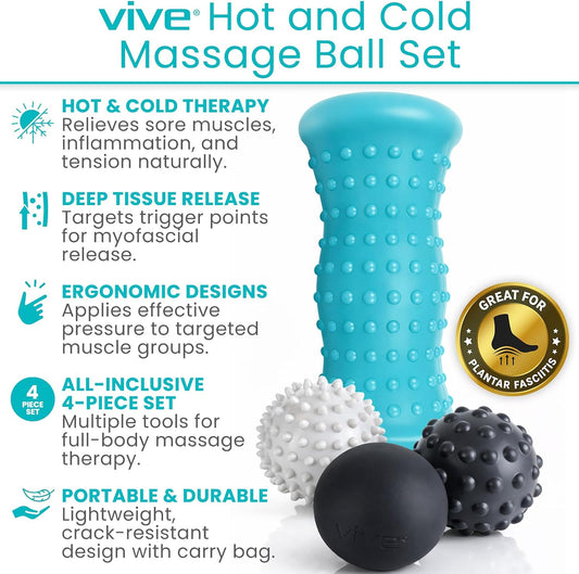 Vive Massage Ball Set (4 Piece) - Plantar Fasciitis Relief Foot Pain Hot Cold Therapy - Heel Spur, Sore Muscle, Trigger Point, Back, Arm, Neck, Shoulder, Leg Circulation Roller