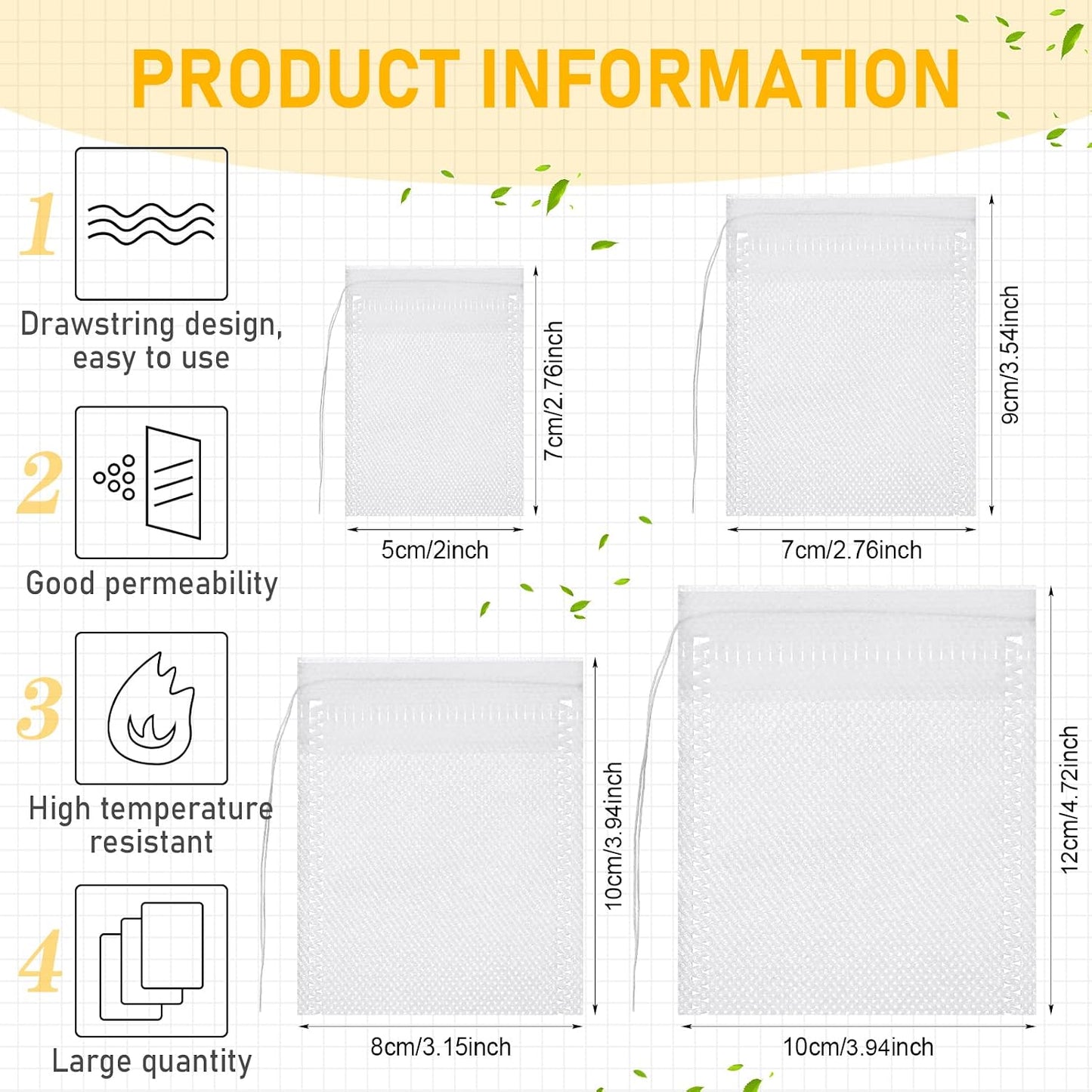 1000 Pcs Disposable Tea Bags Bulk for Loose Leaf Tea Drawstring Empty Coffee Sachets Filter Infuser Strainers for Coffee Spice Christmas Herbs Gift (2.75 X 3.54 Inch)