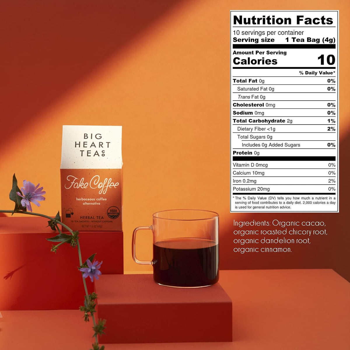 Big Heart Tea Co. Tea Bags - Fake Coffee - Certified Organic, Ayurvedic Herbal Decaf Tea in Zero Plastic Sachets with Small Batch Whole Herbs, Cacao, Roasted Chicory, Dandelion Root, Cinnamon, 20 Tea Bags