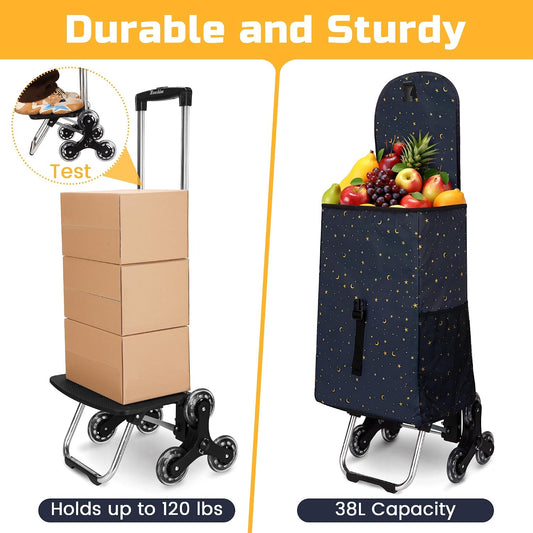Tamacart Stair Climbing Shopping Cart, Foldable Grocery Cart with Removable Insulated Bag & Telescoping Handle, Rolling Cart for Groceries Market Laundry Navy