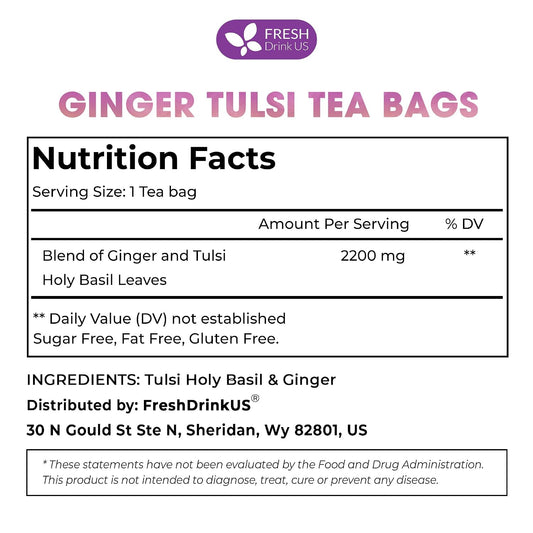 FreshDrinkUS, Premium 55 Ginger Tulsi Tea Bags, 100% Natural, Hand-made Blend of Ginger and Tulsi Holy Basil Leaves, Eco-conscious Tea Bags. Herbal Tea. No Sugar, No Caffeine, Vegan.